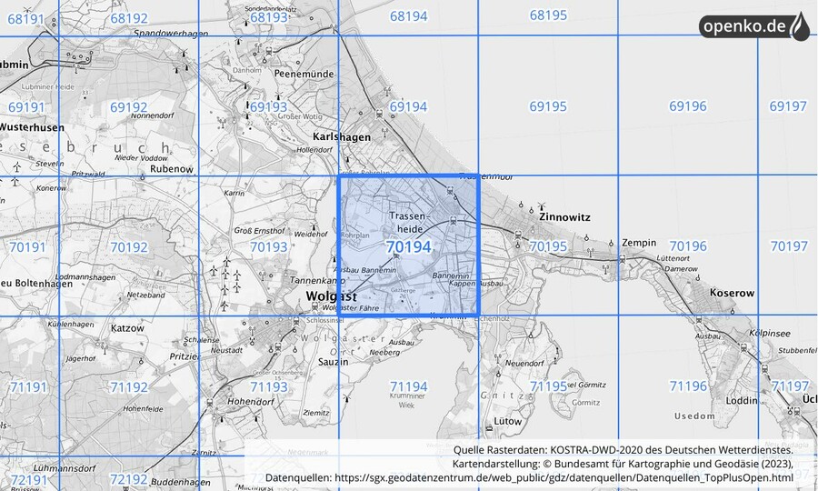 Übersichtskarte des KOSTRA-DWD-2020-Rasterfeldes Nr. 70194