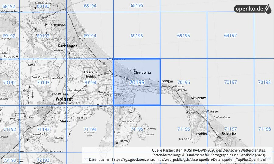 Übersichtskarte des KOSTRA-DWD-2020-Rasterfeldes Nr. 70195