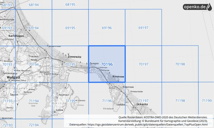 Übersichtskarte des KOSTRA-DWD-2020-Rasterfeldes Nr. 70196