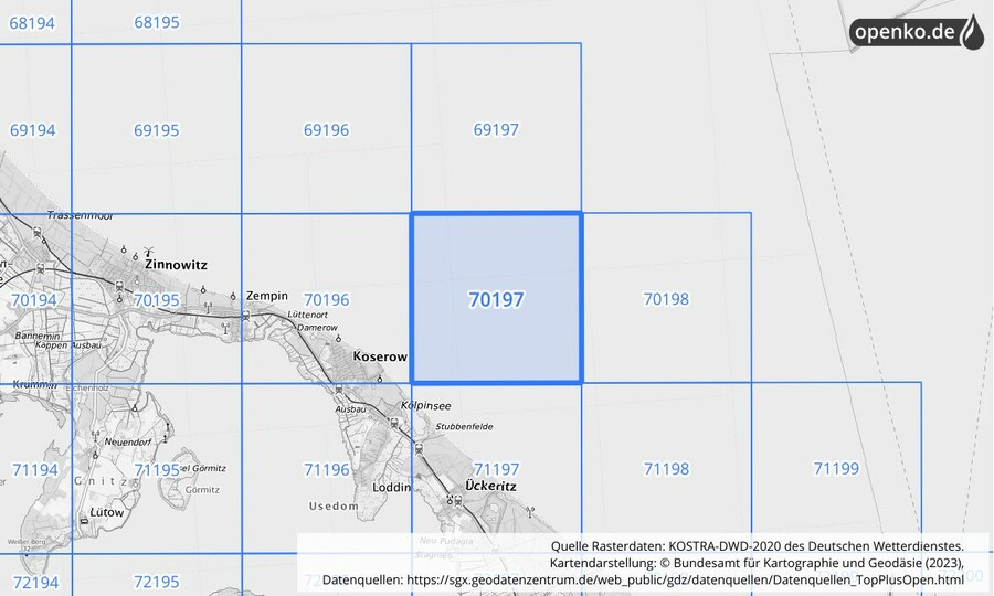 Übersichtskarte des KOSTRA-DWD-2020-Rasterfeldes Nr. 70197