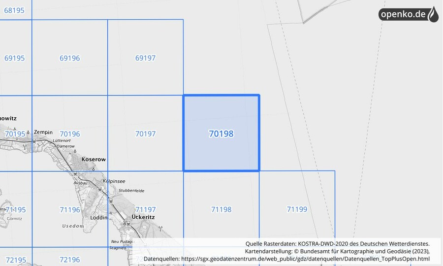 Übersichtskarte des KOSTRA-DWD-2020-Rasterfeldes Nr. 70198