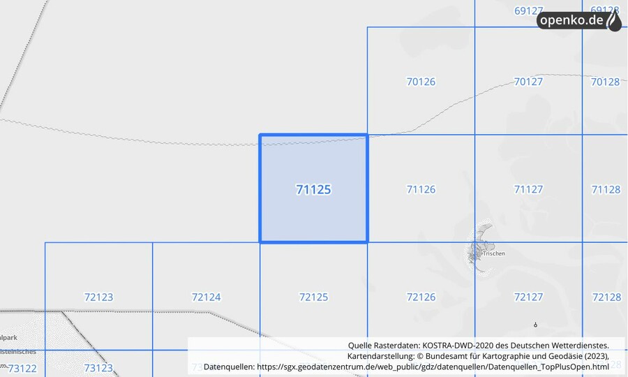 Übersichtskarte des KOSTRA-DWD-2020-Rasterfeldes Nr. 71125