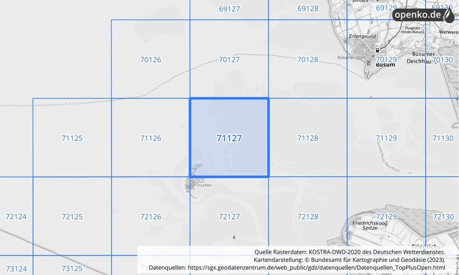 Übersichtskarte des KOSTRA-DWD-2020-Rasterfeldes Nr. 71127