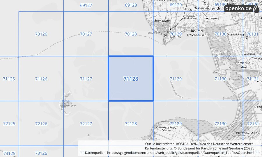 Übersichtskarte des KOSTRA-DWD-2020-Rasterfeldes Nr. 71128