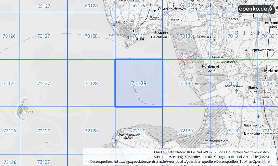 Übersichtskarte des KOSTRA-DWD-2020-Rasterfeldes Nr. 71129