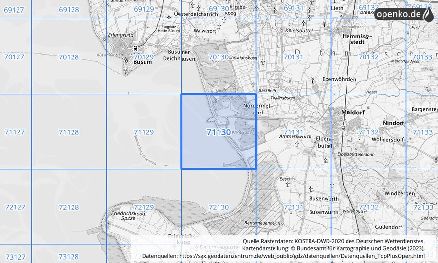 Übersichtskarte des KOSTRA-DWD-2020-Rasterfeldes Nr. 71130