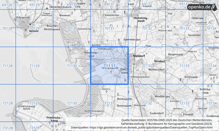 Übersichtskarte des KOSTRA-DWD-2020-Rasterfeldes Nr. 71131