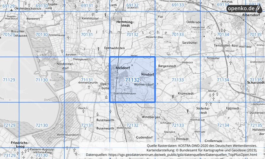 Übersichtskarte des KOSTRA-DWD-2020-Rasterfeldes Nr. 71132
