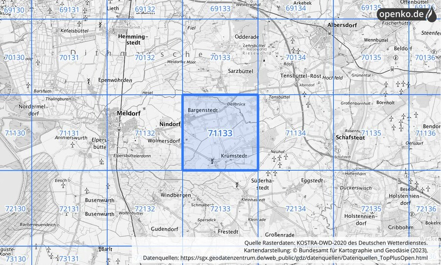 Übersichtskarte des KOSTRA-DWD-2020-Rasterfeldes Nr. 71133