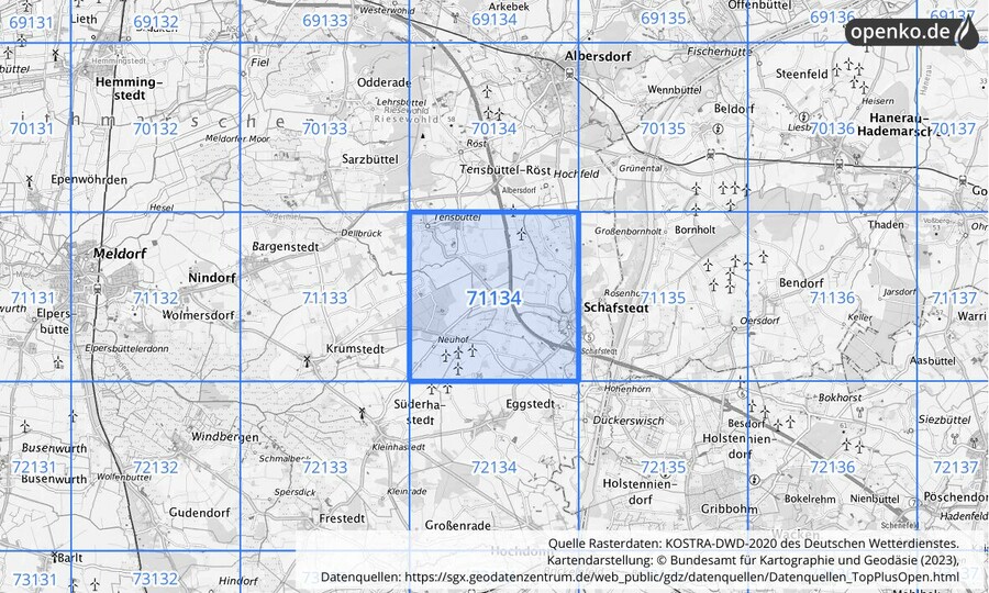 Übersichtskarte des KOSTRA-DWD-2020-Rasterfeldes Nr. 71134
