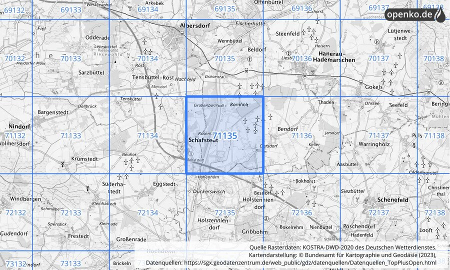 Übersichtskarte des KOSTRA-DWD-2020-Rasterfeldes Nr. 71135