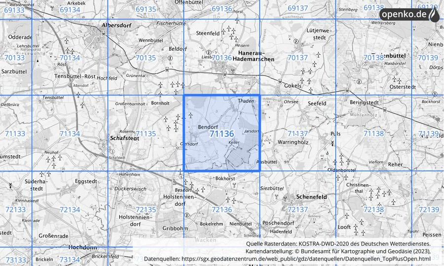 Übersichtskarte des KOSTRA-DWD-2020-Rasterfeldes Nr. 71136