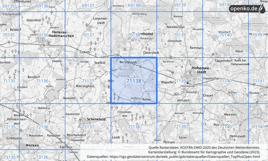 Übersichtskarte des KOSTRA-DWD-2020-Rasterfeldes Nr. 71138