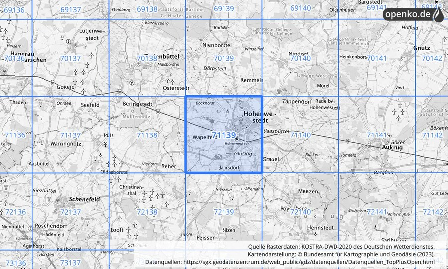 Übersichtskarte des KOSTRA-DWD-2020-Rasterfeldes Nr. 71139