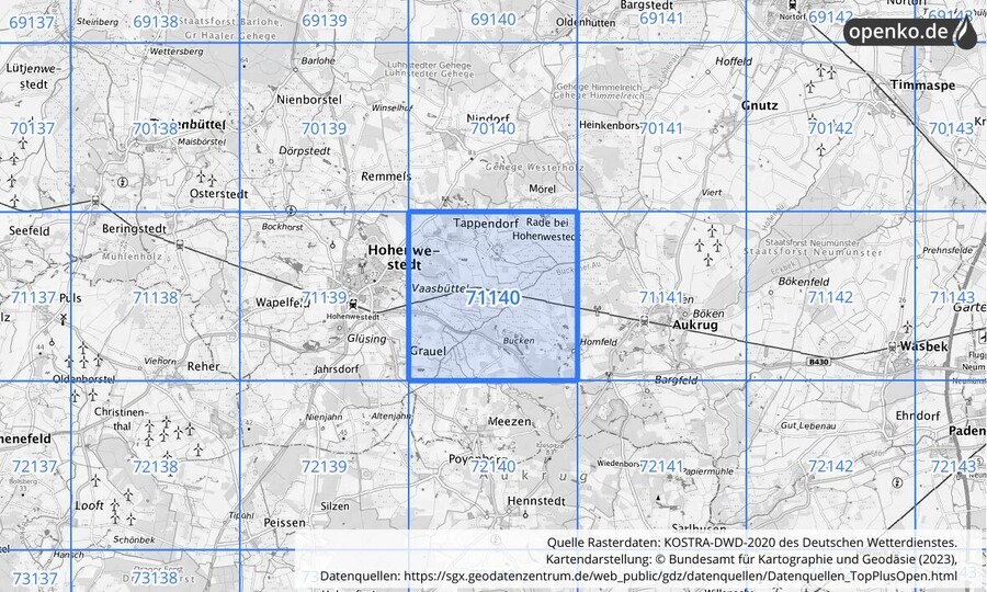 Übersichtskarte des KOSTRA-DWD-2020-Rasterfeldes Nr. 71140