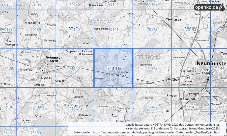 Übersichtskarte des KOSTRA-DWD-2020-Rasterfeldes Nr. 71141