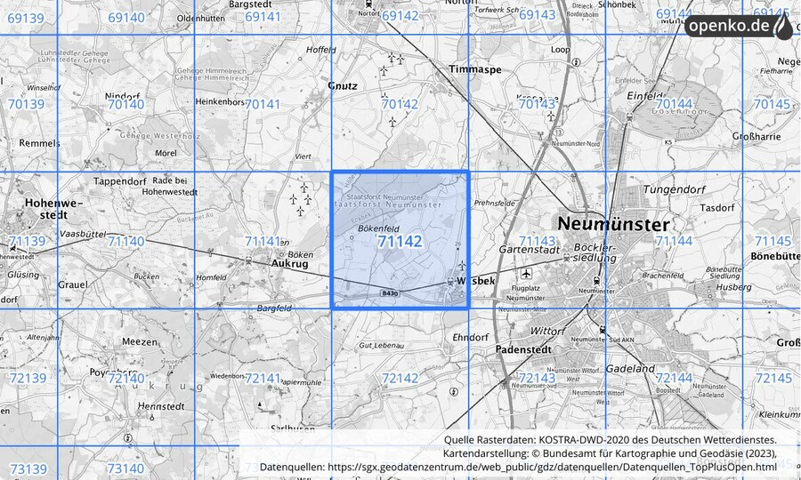 Übersichtskarte des KOSTRA-DWD-2020-Rasterfeldes Nr. 71142
