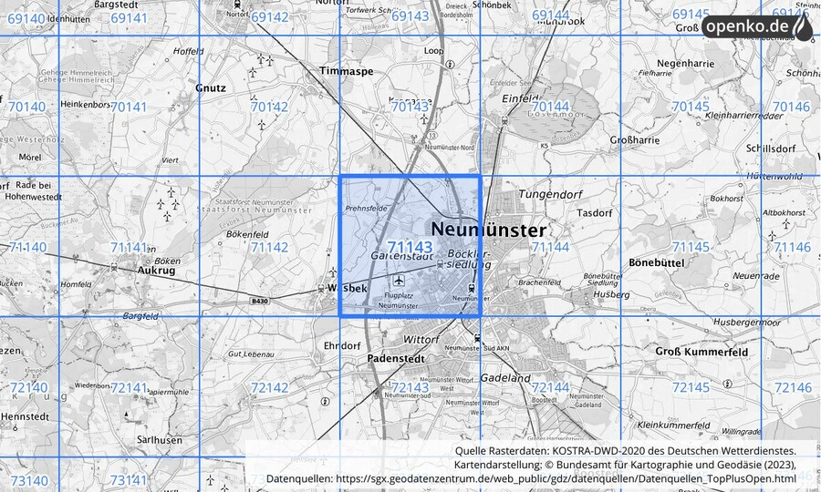 Übersichtskarte des KOSTRA-DWD-2020-Rasterfeldes Nr. 71143