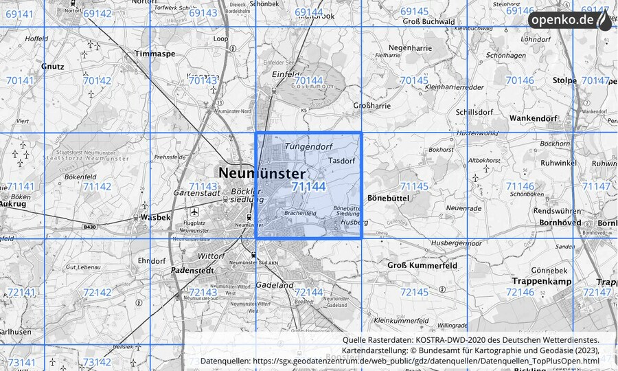 Übersichtskarte des KOSTRA-DWD-2020-Rasterfeldes Nr. 71144