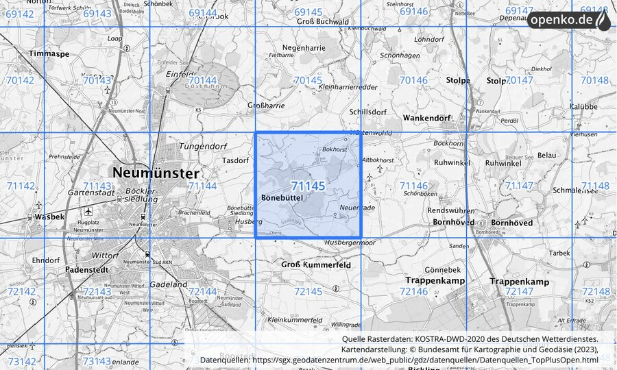 Übersichtskarte des KOSTRA-DWD-2020-Rasterfeldes Nr. 71145