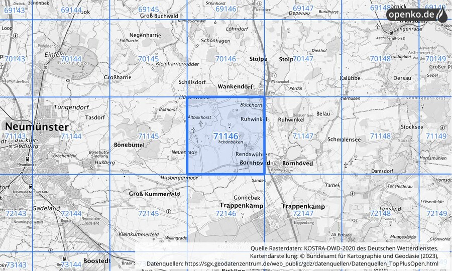 Übersichtskarte des KOSTRA-DWD-2020-Rasterfeldes Nr. 71146