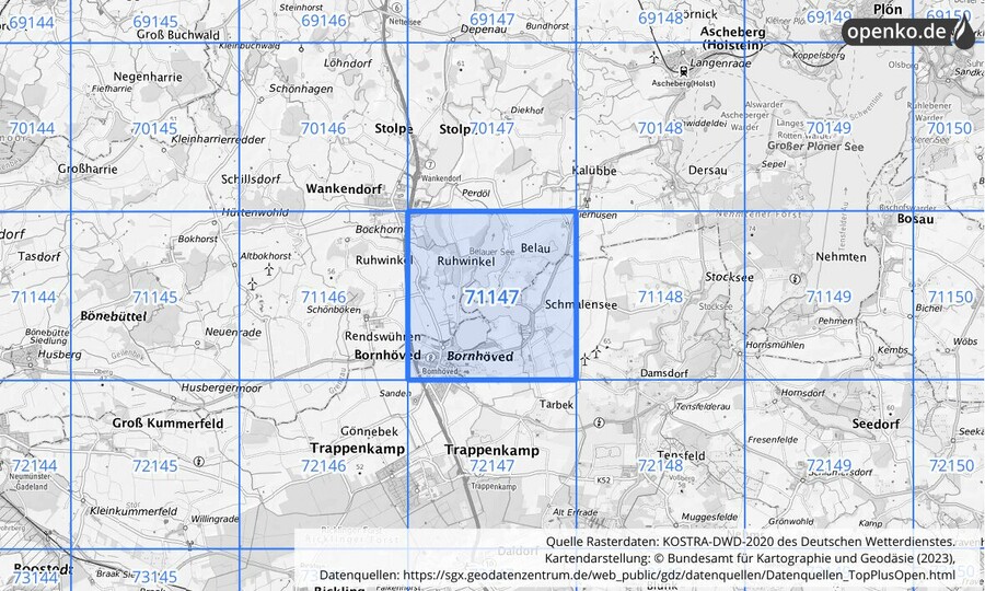 Übersichtskarte des KOSTRA-DWD-2020-Rasterfeldes Nr. 71147