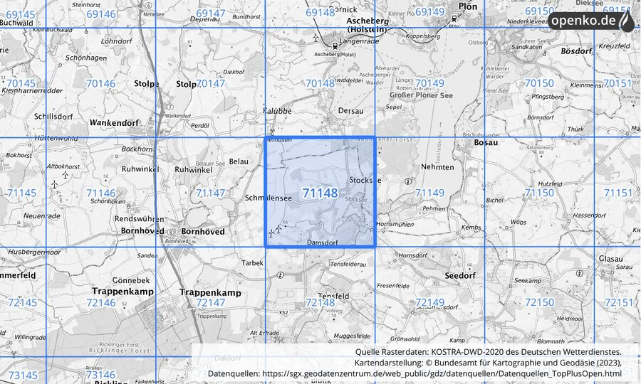 Übersichtskarte des KOSTRA-DWD-2020-Rasterfeldes Nr. 71148