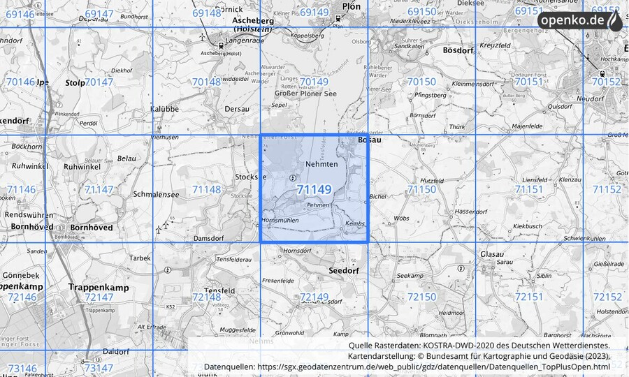 Übersichtskarte des KOSTRA-DWD-2020-Rasterfeldes Nr. 71149