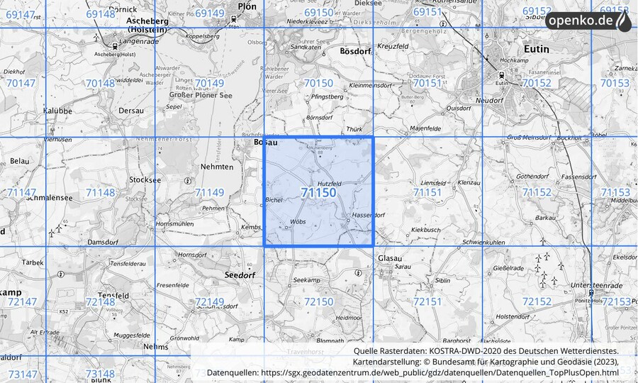 Übersichtskarte des KOSTRA-DWD-2020-Rasterfeldes Nr. 71150