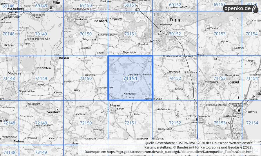 Übersichtskarte des KOSTRA-DWD-2020-Rasterfeldes Nr. 71151