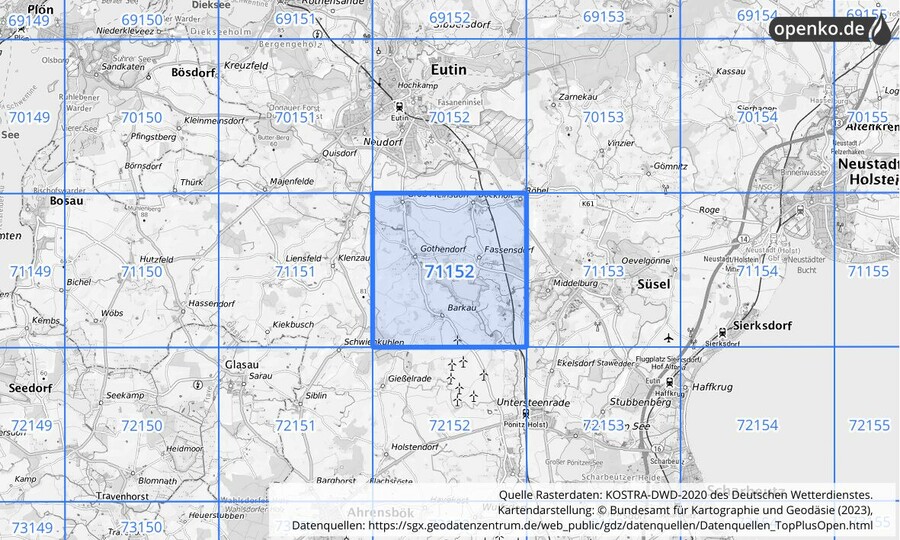 Übersichtskarte des KOSTRA-DWD-2020-Rasterfeldes Nr. 71152