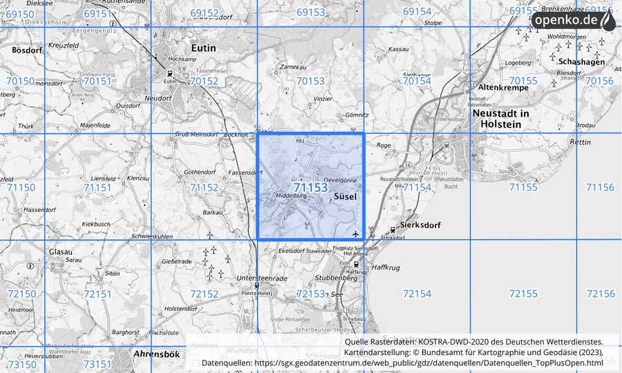 Übersichtskarte des KOSTRA-DWD-2020-Rasterfeldes Nr. 71153