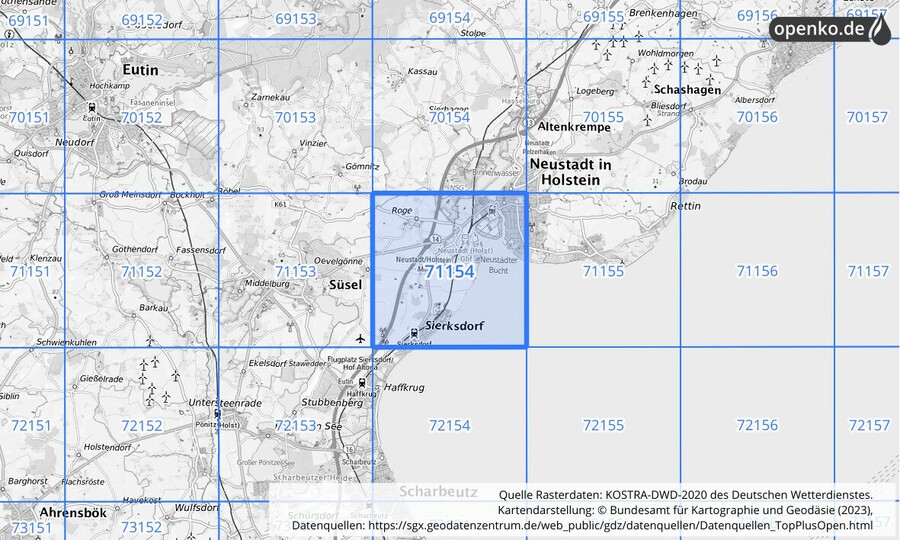 Übersichtskarte des KOSTRA-DWD-2020-Rasterfeldes Nr. 71154