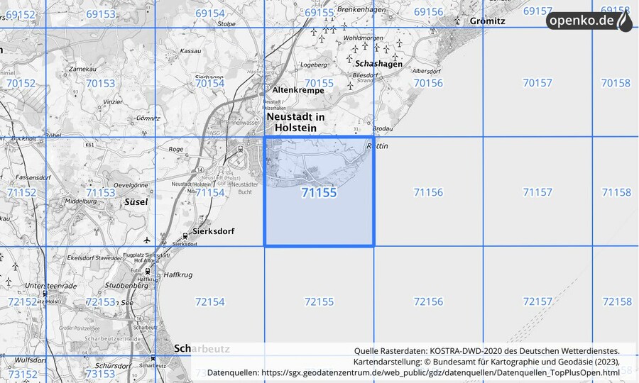 Übersichtskarte des KOSTRA-DWD-2020-Rasterfeldes Nr. 71155