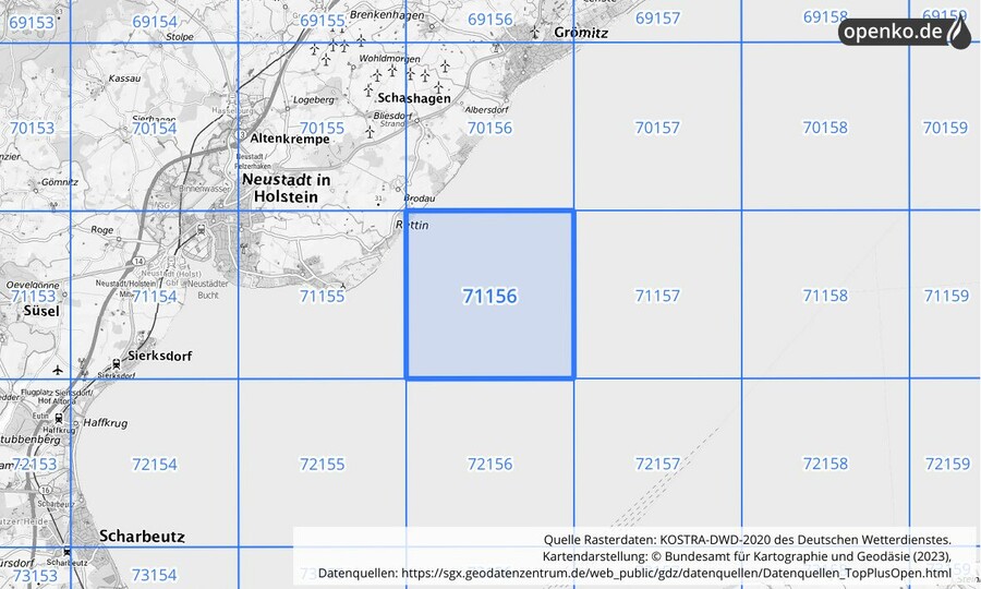 Übersichtskarte des KOSTRA-DWD-2020-Rasterfeldes Nr. 71156