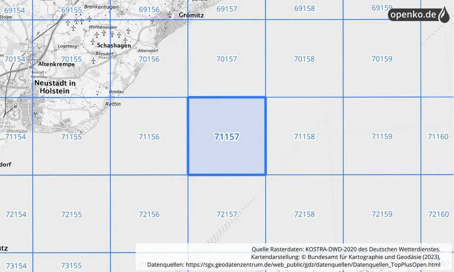 Übersichtskarte des KOSTRA-DWD-2020-Rasterfeldes Nr. 71157