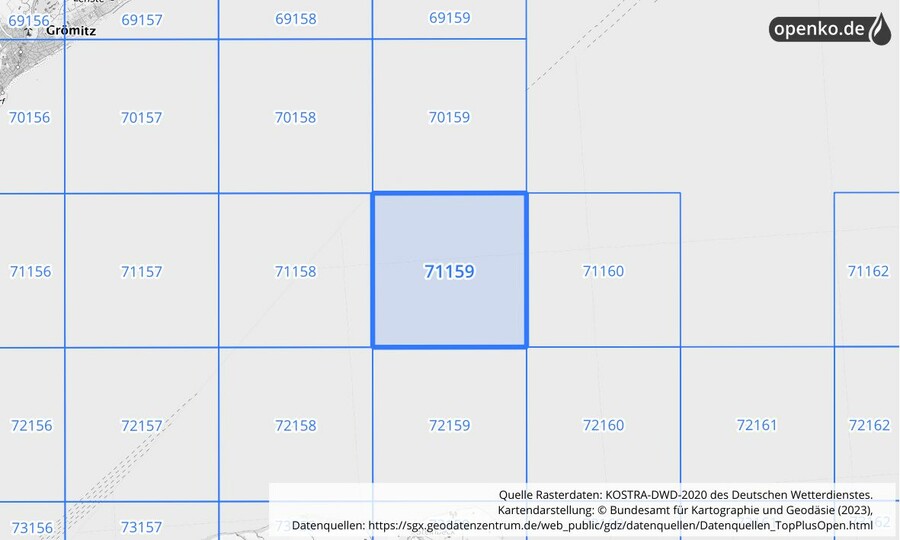 Übersichtskarte des KOSTRA-DWD-2020-Rasterfeldes Nr. 71159