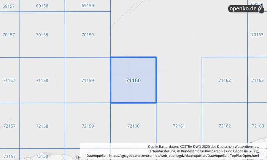 Übersichtskarte des KOSTRA-DWD-2020-Rasterfeldes Nr. 71160