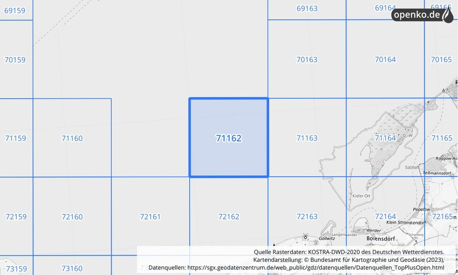 Übersichtskarte des KOSTRA-DWD-2020-Rasterfeldes Nr. 71162