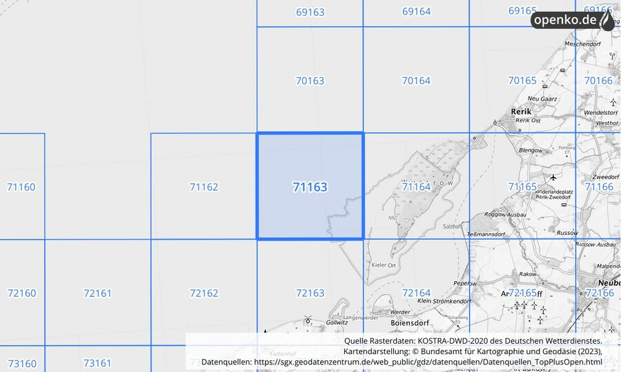 Übersichtskarte des KOSTRA-DWD-2020-Rasterfeldes Nr. 71163
