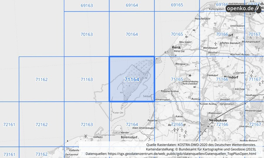 Übersichtskarte des KOSTRA-DWD-2020-Rasterfeldes Nr. 71164