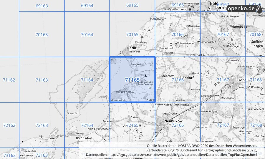 Übersichtskarte des KOSTRA-DWD-2020-Rasterfeldes Nr. 71165