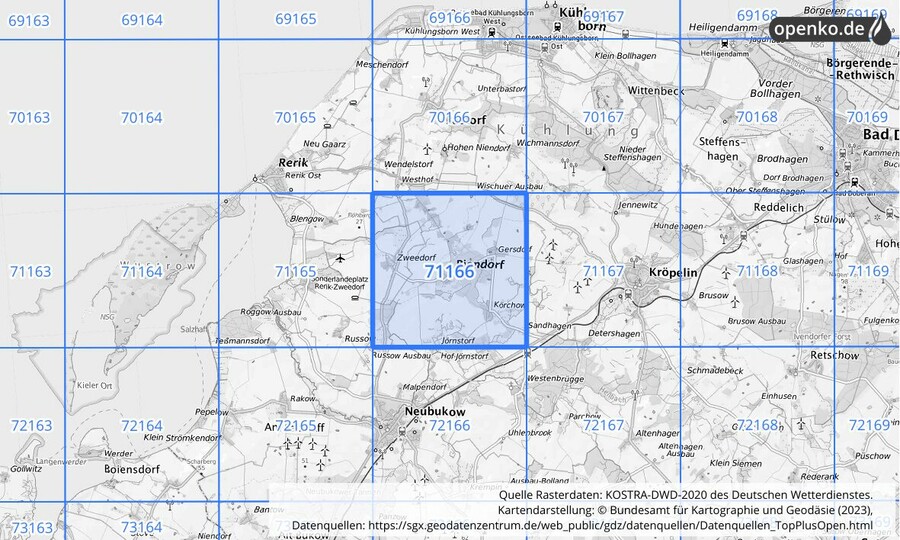 Übersichtskarte des KOSTRA-DWD-2020-Rasterfeldes Nr. 71166