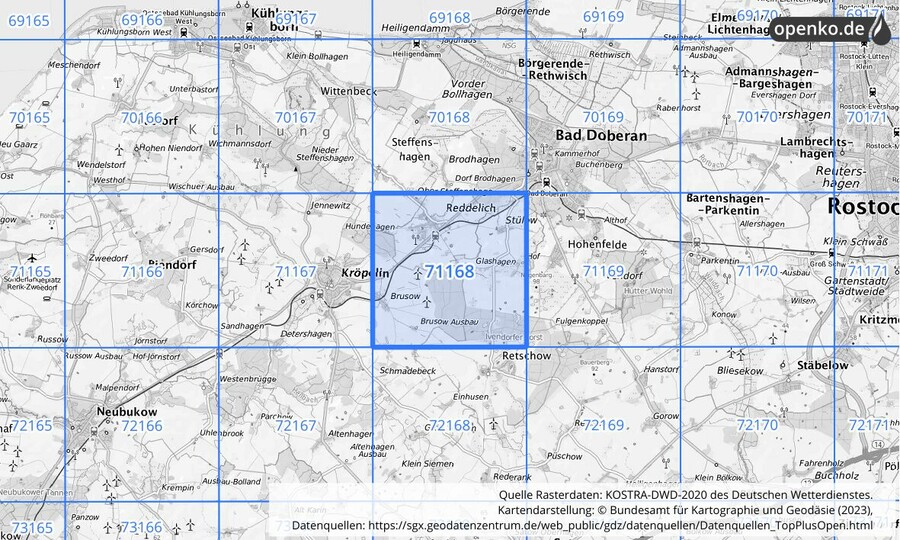 Übersichtskarte des KOSTRA-DWD-2020-Rasterfeldes Nr. 71168