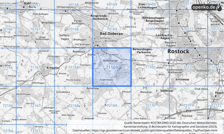 Übersichtskarte des KOSTRA-DWD-2020-Rasterfeldes Nr. 71169