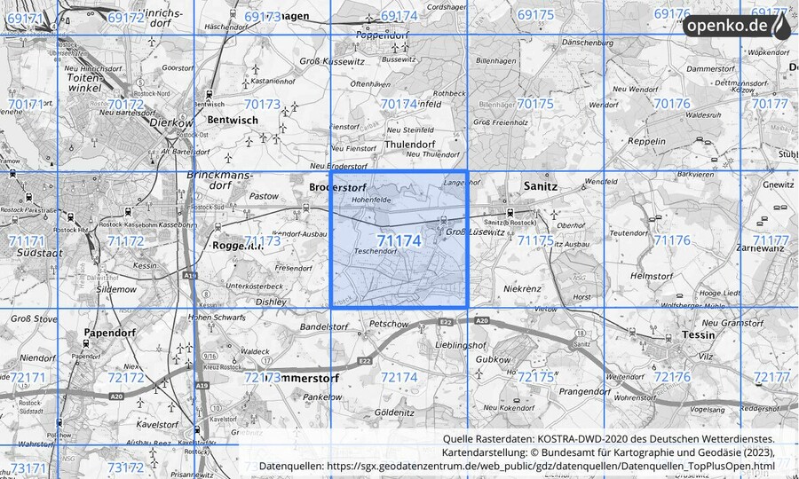 Übersichtskarte des KOSTRA-DWD-2020-Rasterfeldes Nr. 71174