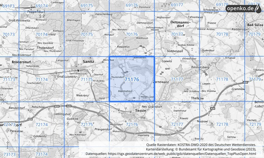 Übersichtskarte des KOSTRA-DWD-2020-Rasterfeldes Nr. 71176
