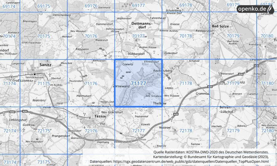 Übersichtskarte des KOSTRA-DWD-2020-Rasterfeldes Nr. 71177