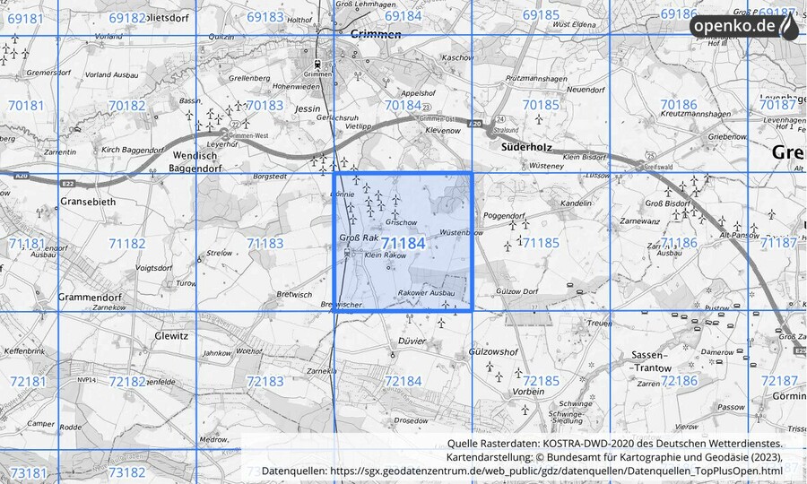 Übersichtskarte des KOSTRA-DWD-2020-Rasterfeldes Nr. 71184