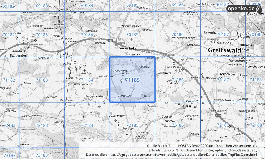 Übersichtskarte des KOSTRA-DWD-2020-Rasterfeldes Nr. 71185